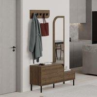 Decortie Coat Stand Set 'Mila' with Full-Length Mirror 2-Door Shoe Cabinet & 5 Metal Hooks in Dark Brown | Size: 3 Pack