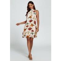 FS Collection Women's Floral Print Halter Neck Tie Back Mini Dress In Off-White in Beige | Size: Small