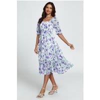 FS Collection Women's Floral Print Bardot Puff Sleeve Elasticated Detail Midi Dress In White | Size: Small