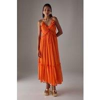 Warehouse Women's HCD Chiffon Ruffle Strappy Floaty Maxi Dress in Orange | Size: 8