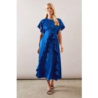 Wallis Women's Petite Occasion Satin Ruffle Maxi Dress in Blue | Size: 12