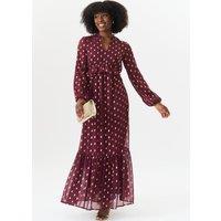 Gini London Women's Burgandy Foil Print Ruffle Midi Dress in Burgundy | Size: 10