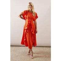 Wallis Women's Petite Occasion Satin Ruffle Maxi Dress in Orange | Size: 14