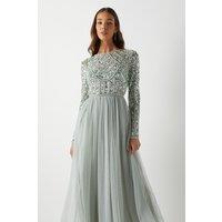Coast Women's Honoured Long Sleeve Sequin Bodice Tulle Skirt Maxi Bridesmaid Dress in Sage | Size: 8