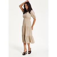 Liquorish Women's Beige Puff Sleeve Tiered Midi Dress | Size: 12