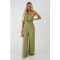 MissPap Women's Knot Detail Asymmetric Neck Wide Leg Jumpsuit in Green | Size: 10