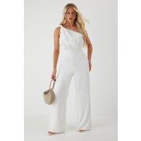 MissPap Women's Knot Detail Asymmetric Neck Wide Leg Jumpsuit in White | Size: 10