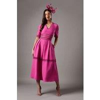 Crochet Insert Crepe V Neck Midi Dress