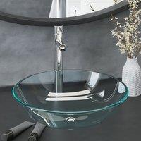 Berkfield Home Bathroom Sink with Tap & Push Drain Clear Tempered Glass in Black