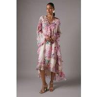 Coast Women's Long Sleeve Printed Chiffon Volume Maxi Dress in Pink | Size: 8