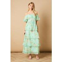 Oasis Women's Lace Trim Tiered Off-Shoulder Midi Dress in Sage | Size: 14