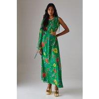 Warehouse Women's Chiffon One Shoulder Balloon Sleeve Cut Out Midi Dress in Floral | Size: 8