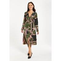 Liquorish Women's Geometric Floral Knot Front Midi Dress In Dark Green | Size: 14