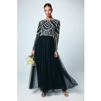 Coast Women's Honoured Long Sleeve Sequin Bodice Tulle Skirt Maxi Bridesmaid Dress in Navy | Size: 10