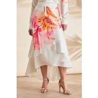 Printed Satin High Low Hem Midi Skirt