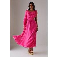 Warehouse Women's Chiffon One Shoulder Balloon Sleeve Cut Out Midi Dress in Bright Pink | Size: 10