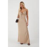MissPap Women's Tie Detail Strappy Satin Maxi Dress in Bronze | Size: 14