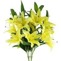 Pegdev Pack of 6 Yellow Lily Stems 100cm with 18 Silk Flowers