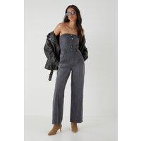 Denim Button Front Bandeau Jumpsuit