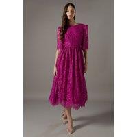Coast Women's Lace Short Sleeve Midi Dress in Magenta | Size: 8