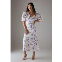 Warehouse Women's Petite Satin Pleat Volume Sleeve Plunge Bias Midi Dress in Lilac | Size: 8