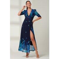 Jolie Moi Women's Kinley Print Wrap Mesh Maxi Dress in Navy | Size: 8