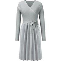 MODISHION Women's V Neck Knitted Long Sleeves A-line Dress in Light Grey | Size: Large