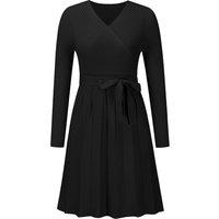 MODISHION Women's V Neck Knitted Long Sleeves A-line Dress in Black | Size: 2XL