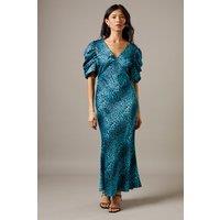 Warehouse Women's Satin Pleat Volume Sleeve Plunge Bias Midi Dress in Animal | Size: 10