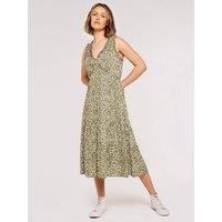 Apricot Women's Daisy Print Tiered Midi Dress in Khaki | Size: 10