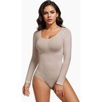 MODISHION Women's Light Tummy Control Seamless Bodysuit Top in Nude | Size: 2XL