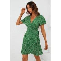 FS Collection Women's Floral Print Mini Wrap Dress in Green | Size: Small