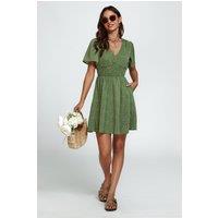 FS Collection Women's Polka Dot V-Neck Mini Dress with Shirred Waist in Olive | Size: XL
