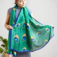 My Posh Shop Women's Peacock Feather Print Silk Blend Scarf in Teal