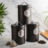 Cooks Professional 3-Piece Tea Coffee & Sugar Storage Canisters Bins with Silver Labels in Black