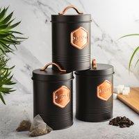 Cooks Professional 3-Piece Tea Coffee & Sugar Storage Canisters Bins with Copper Labels in Black