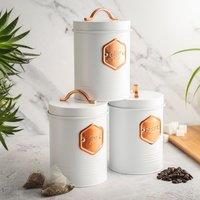 Cooks Professional 3-Piece Tea Coffee & Sugar Storage Canisters Bins with Silver Labels in White
