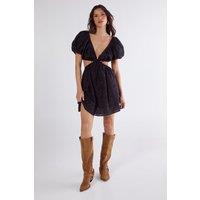 NastyGal Women's Broderie Cut Out Tie Front Puff Sleeve Skater Dress in Black | Size: 10