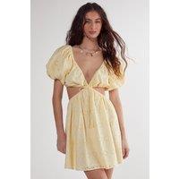 NastyGal Women's Broderie Cut Out Tie Front Puff Sleeve Skater Dress in Lemon | Size: 6