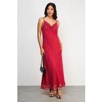 Warehouse Women's Chiffon Spot Print Cowl Bias Strappy Maxi Dress in Red | Size: 10