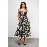 Warehouse Women's Square Neck Smock Midi Dress With Below Pocket in Floral | Size: 10
