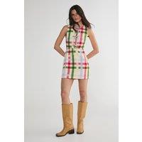 Linen Mix Gingham Tie Front Tailored Mini Dress