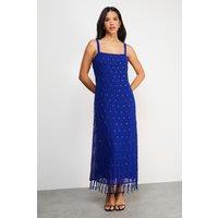 Hand Embellished Strappy Sequin Fringe Hem Midi Dress