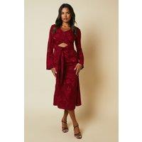Debut London By Coast Long Sleeve Wrap Waist Satin Jacquard Midi Dress