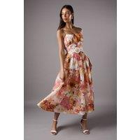 Printed Sleeveless Midi Dress With Belt