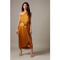 Warehouse Women's Crinkle Chiffon One Shoulder Tie Front Midi Dresses in Gold | Size: 10