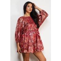 Warehouse Women's Metallic Jacquard Volume Sleeve Mini Dress in Floral | Size: 12