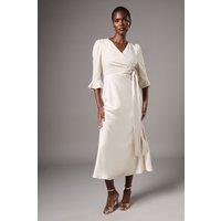 Ruffle Sleeve Satin Back Crepe Wrap Dress