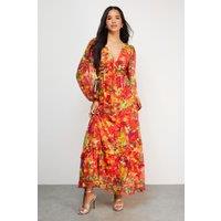 Chiffon Cut Out Waist Ruffe Maxi Dress