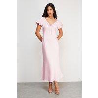 Warehouse Women's Satin Lace Insert Puff Sleeve Midi Tea Dress in Pale Pink | Size: 12